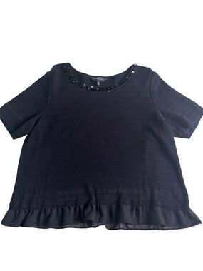 Ming Wang Knit Black Top Embellished Neck Short Sleeve Top